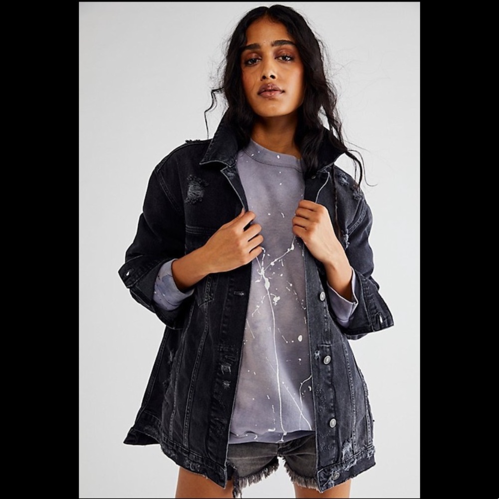 Free People Destroyed Long & Lean Trucker Jacket in Black Black